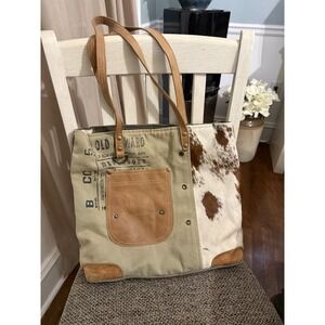 Myra Bag Canvas Pocket Tote With Cow Hide Accents